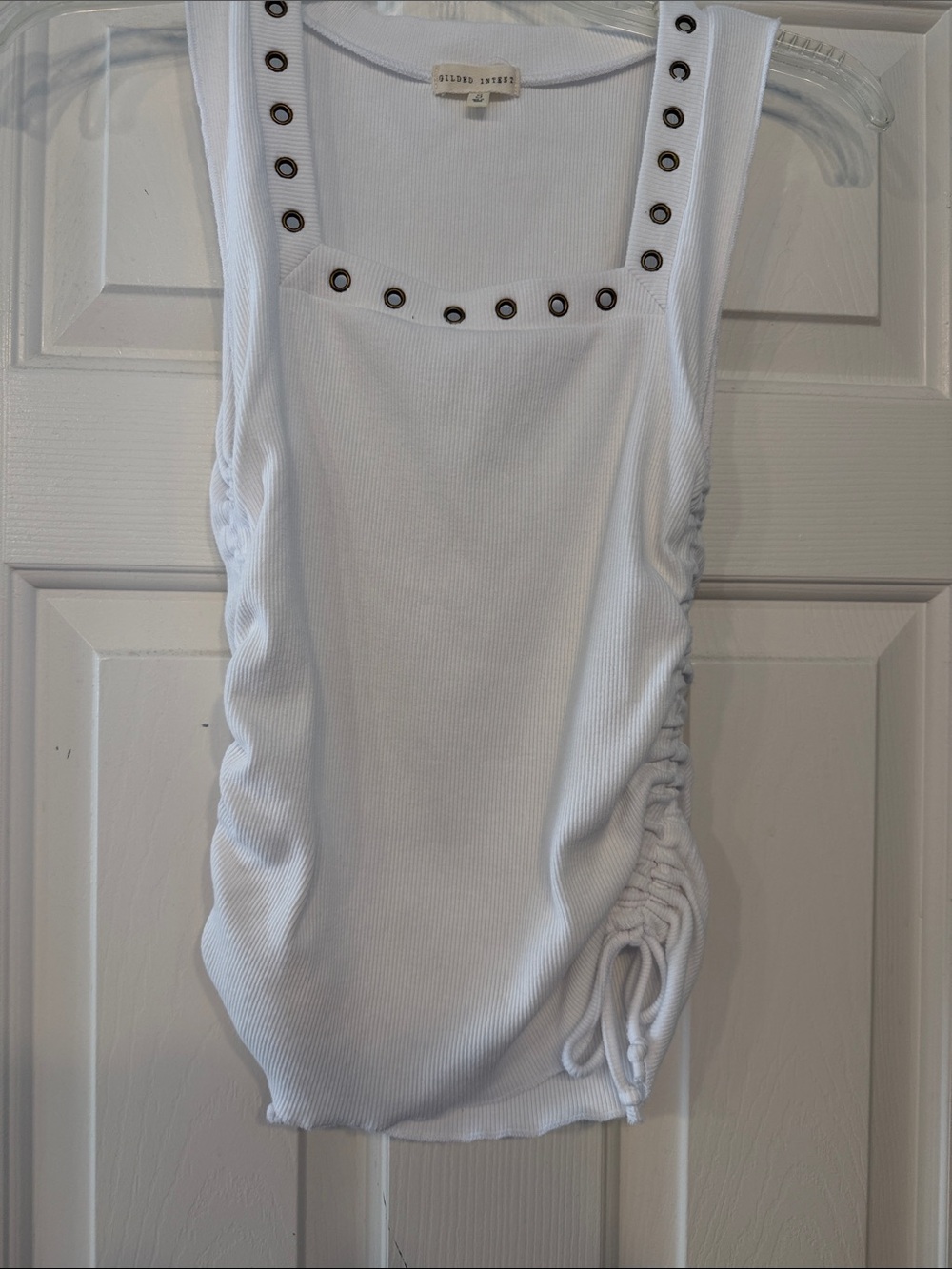 White Ribbed Tank with Grommet Trim
